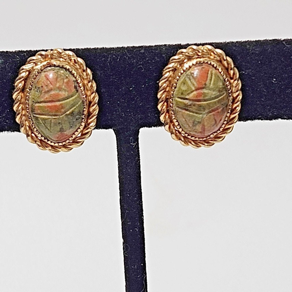 Vintage 12k Gold Filled Scarab Unikite Earrings Screw Back Egyptian Revival